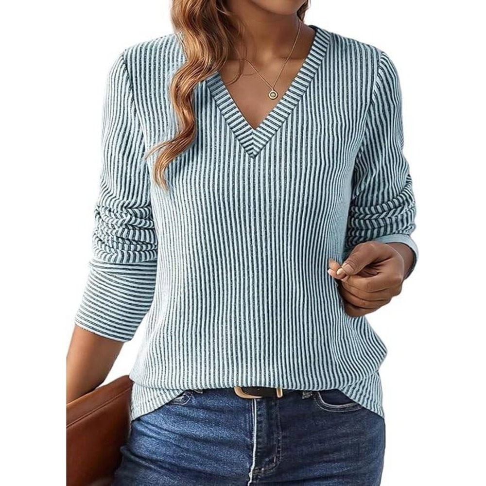 FLAMINGALS Womens Striped V Neck Puff Sleeve Long Sleeve Shirt Top Plus Size L